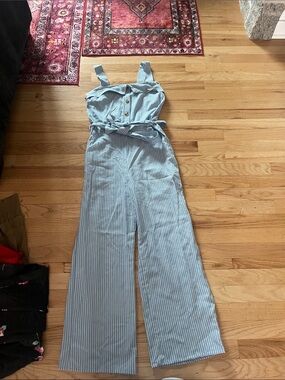 Striped Blue Wide-Leg Jumpsuit with Belt